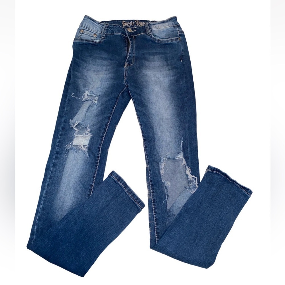 Puzzle Women’s Jeans 5/6 Blue Skinny Stretch Distressed Denim Pants Juniors Size